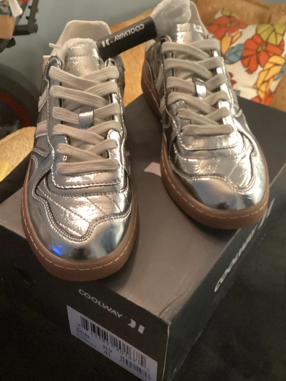 Coolway Kids Shiny Silver Lace-Up Sneakers with Gum Outsole